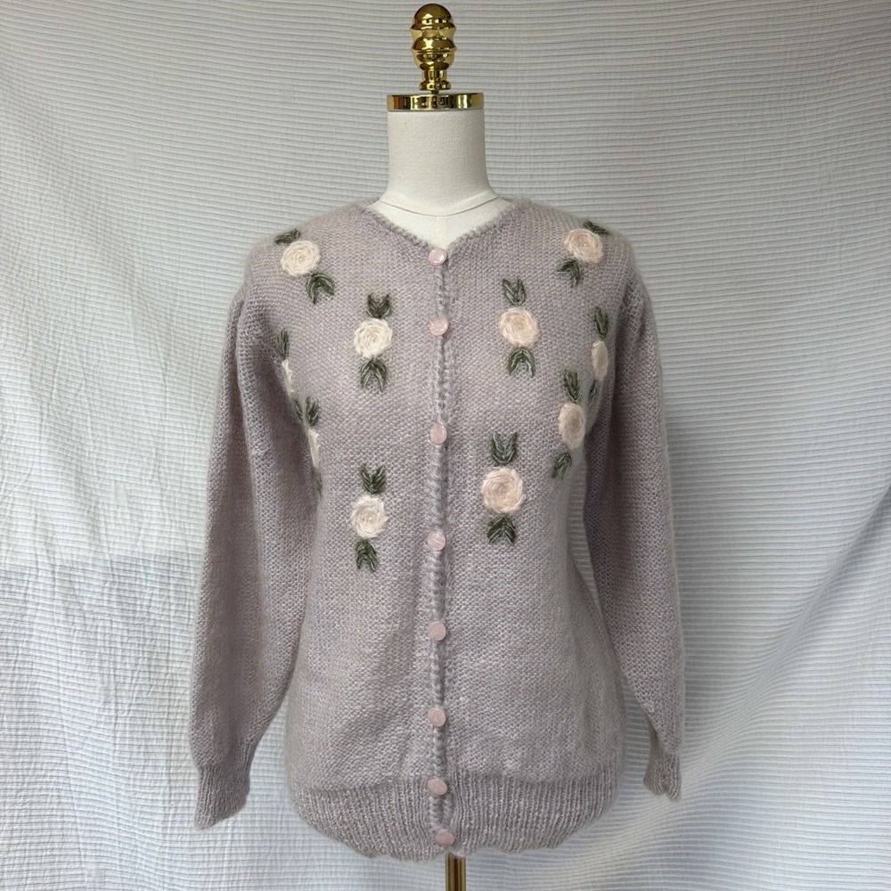 Women Purple Fuzzy Knit Button Up Cardigan Crochet Flower Appliqués Cottage L